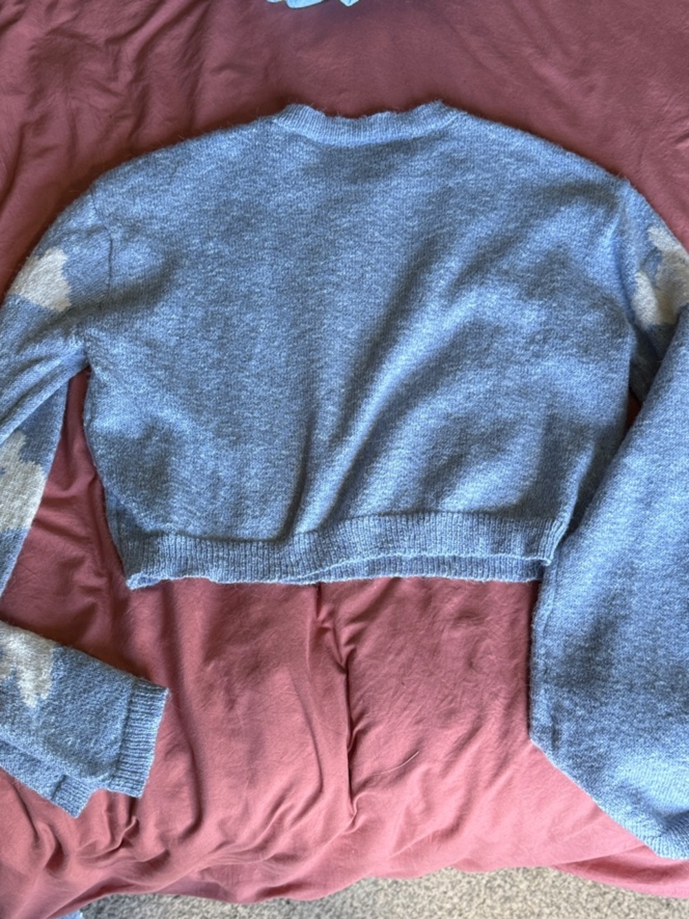 Bunny Cloud Pattern Cropped Blue Women's Bell Sleeve Sweater - Picture 2 of 2